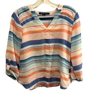 V-necked striped tunic blouse with roll up sleeves